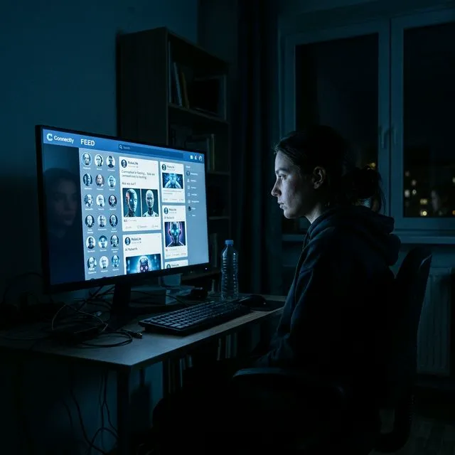 Pessoa sozinha em quarto escuro iluminada pela tela do computador mostrando faces robóticas