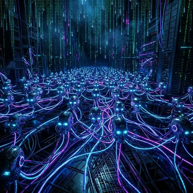 Paisagem digital sombria com milhares de cabeças de robôs conectadas por fios neon representando bots dominando a internet