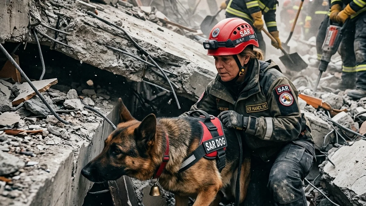 Equipes de busca e resgate com cães farejadores nos escombros