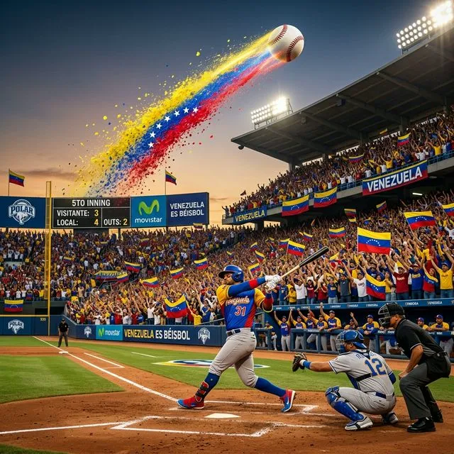 Jogador venezuelano acertando home run decisivo na 5ª entrada com bola traçando cores da bandeira
