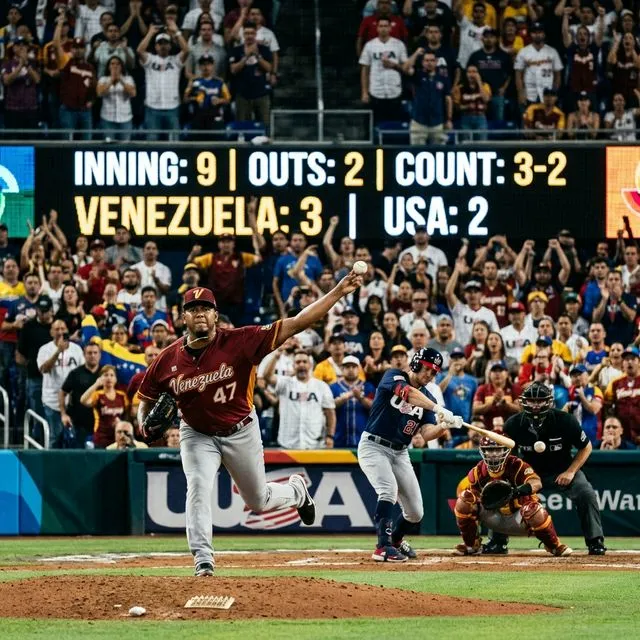 Pitcher venezuelano lançando slider devastador na 9ª entrada, placar Venezuela 3 USA 2