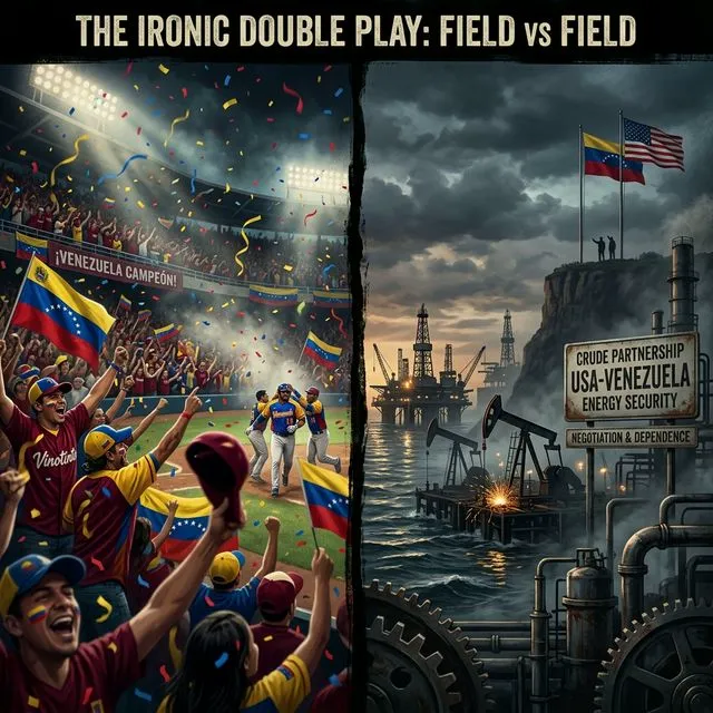 Dividido: celebração venezuelana com confetes vs plataformas de petróleo representando ironia geopolítica