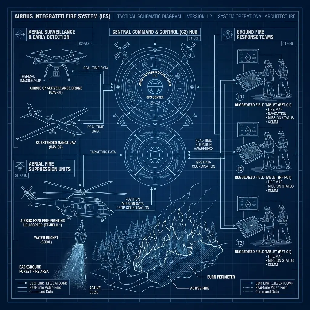 Diagrama do sistema integrado IFS da Airbus conectando drones, aeronaves e equipes terrestres