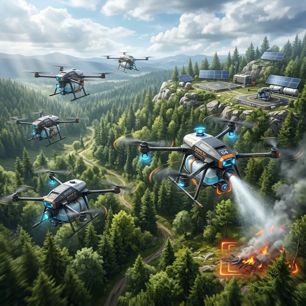 Conceito artístico do futuro dos drones autônomos de combate a incêndios florestais