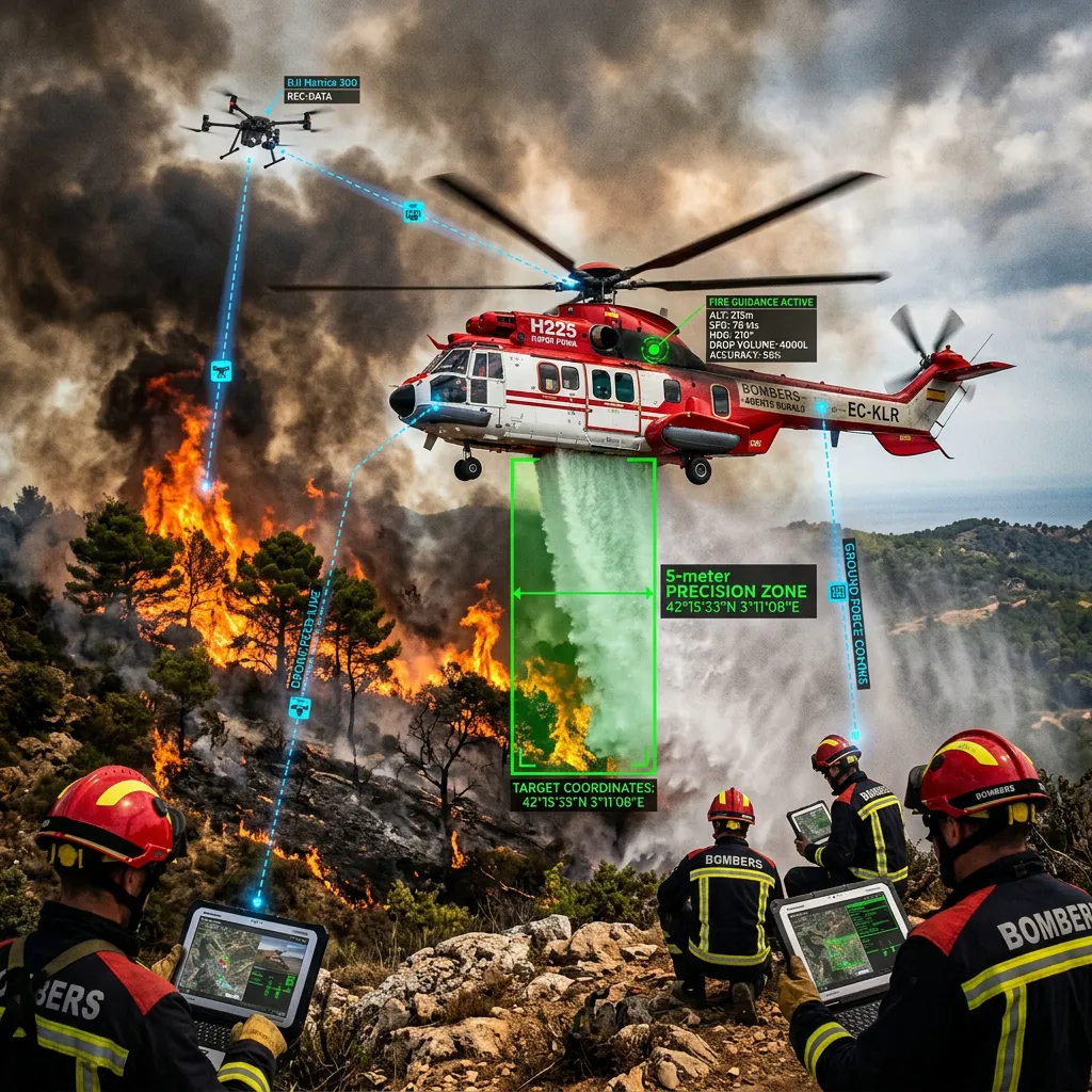 Helicóptero da Airbus lançando água com precisão guiada por sistema digital durante testes na França