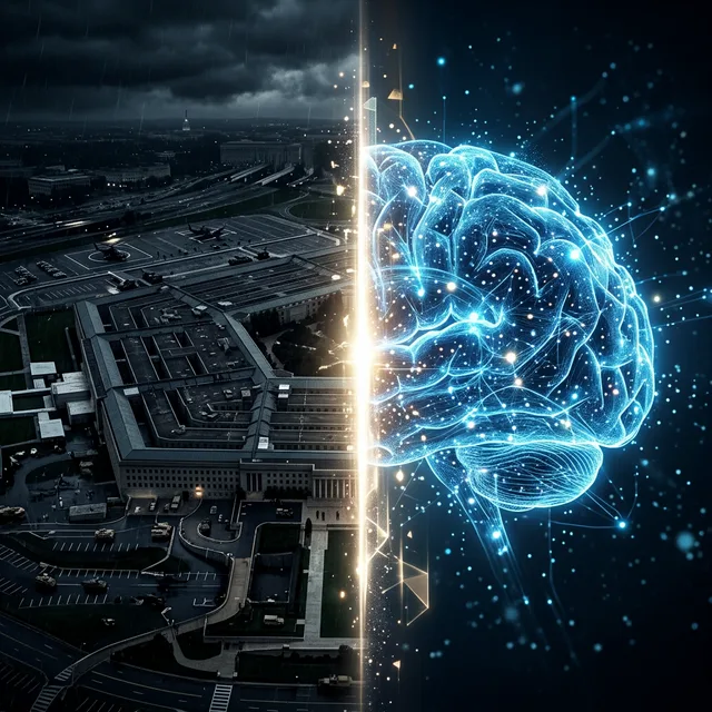 Anthropic vs Pentágono — quando a IA diz não à guerra Ilustração dividida mostrando o Pentágono de um lado e um cérebro de IA brilhante do outro, separados por uma barreira ética