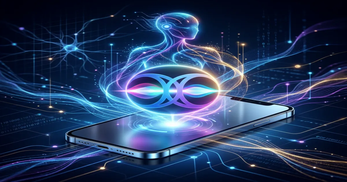 Apple smartphone with holographic AI emerging representing the Siri + Gemini fusion