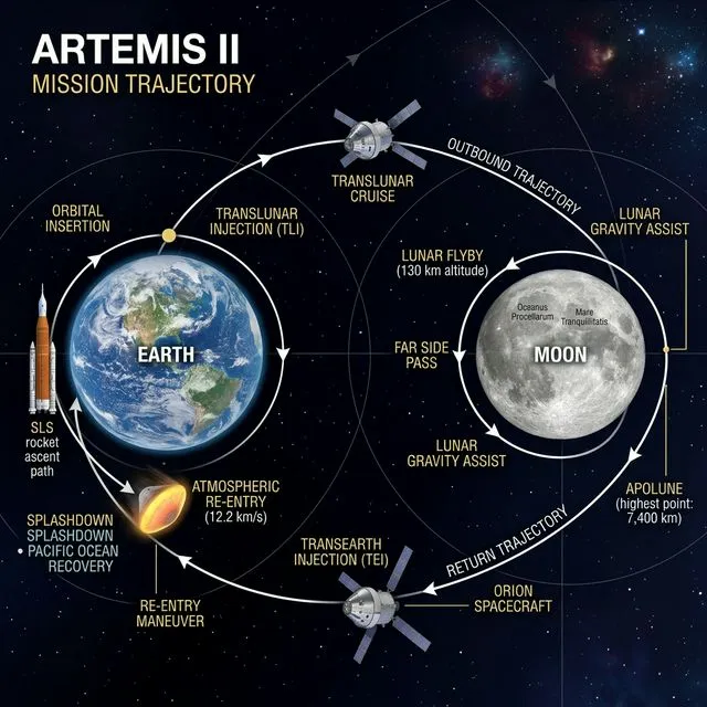 Diagrama mostrando a trajetória de retorno livre da Artemis II ao redor da Lua