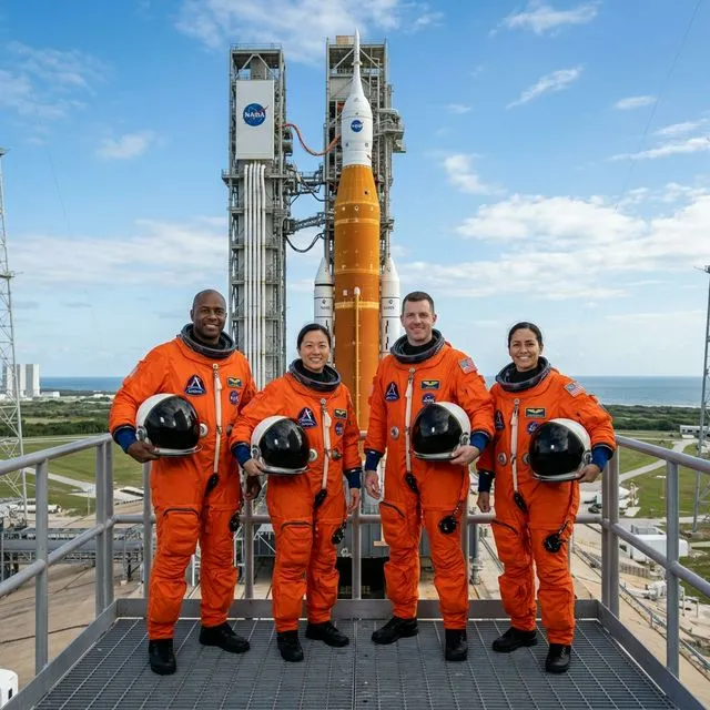 Tripulação da Artemis II posando com trajes espaciais em frente ao logo da missão