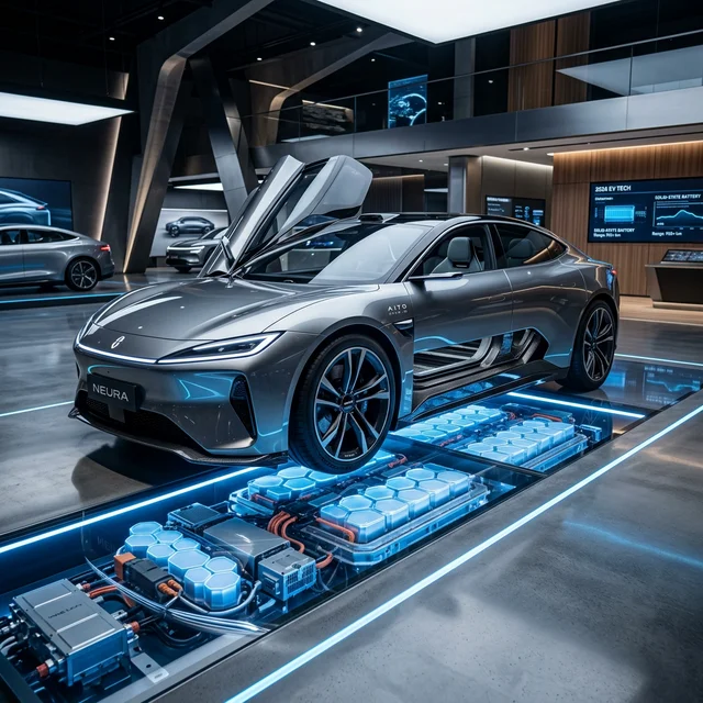 Futuristic electric vehicle in modern showroom with exposed chassis revealing solid-state battery pack