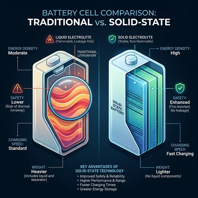 Comparison between traditional lithium-ion battery and solid-state battery showing safety and performance differences