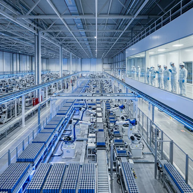 Interior of massive modern battery gigafactory with robotic arms assembling cells on production line