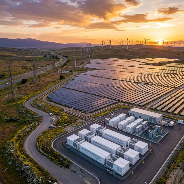 Aerial view of solar farm connected to energy storage facility with solid-state battery containers