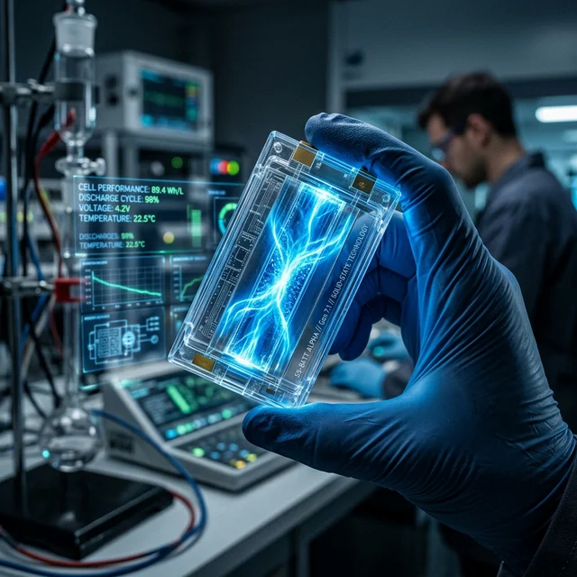 Transparent solid-state battery cell glowing with blue energy held by gloved hand in high-tech laboratory