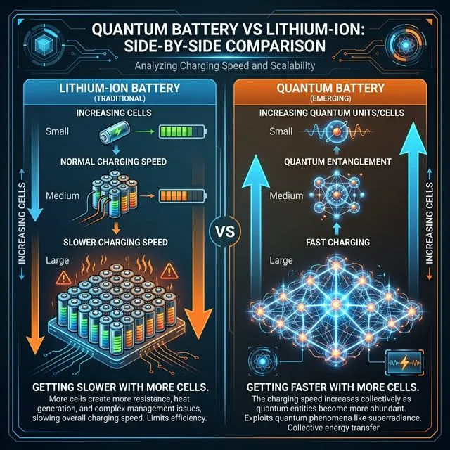 Comparação lado a lado entre bateria de lítio (mais lenta com mais células) e bateria quântica (mais rápida com mais células)