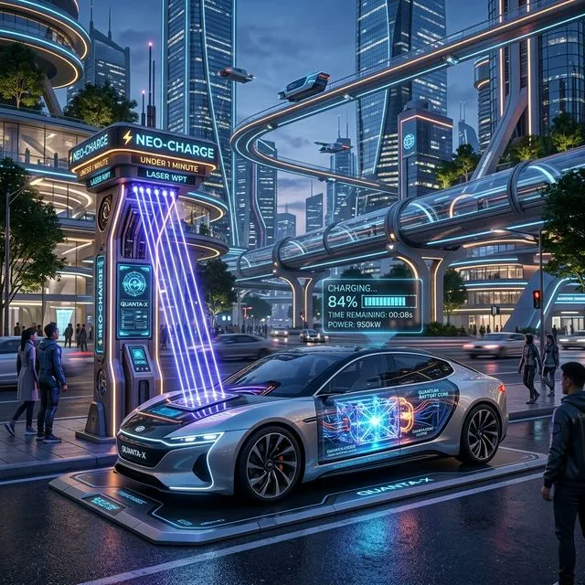Carro elétrico futurista sendo carregado por laser em menos de 1 minuto na cidade de 2045