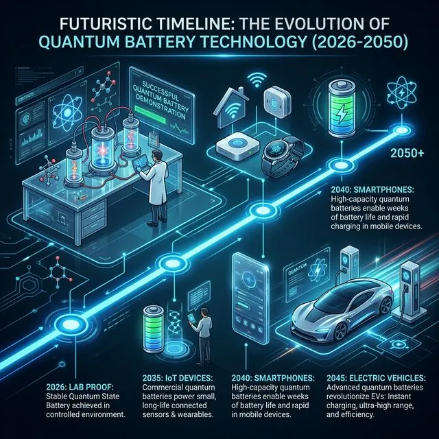 Timeline futurista da evolução da bateria quântica de 2026 a 2050: lab, IoT, smartphones, carros