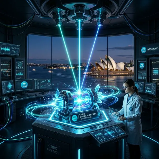 Bateria quântica do CSIRO com feixes laser em laboratório australiano futurista