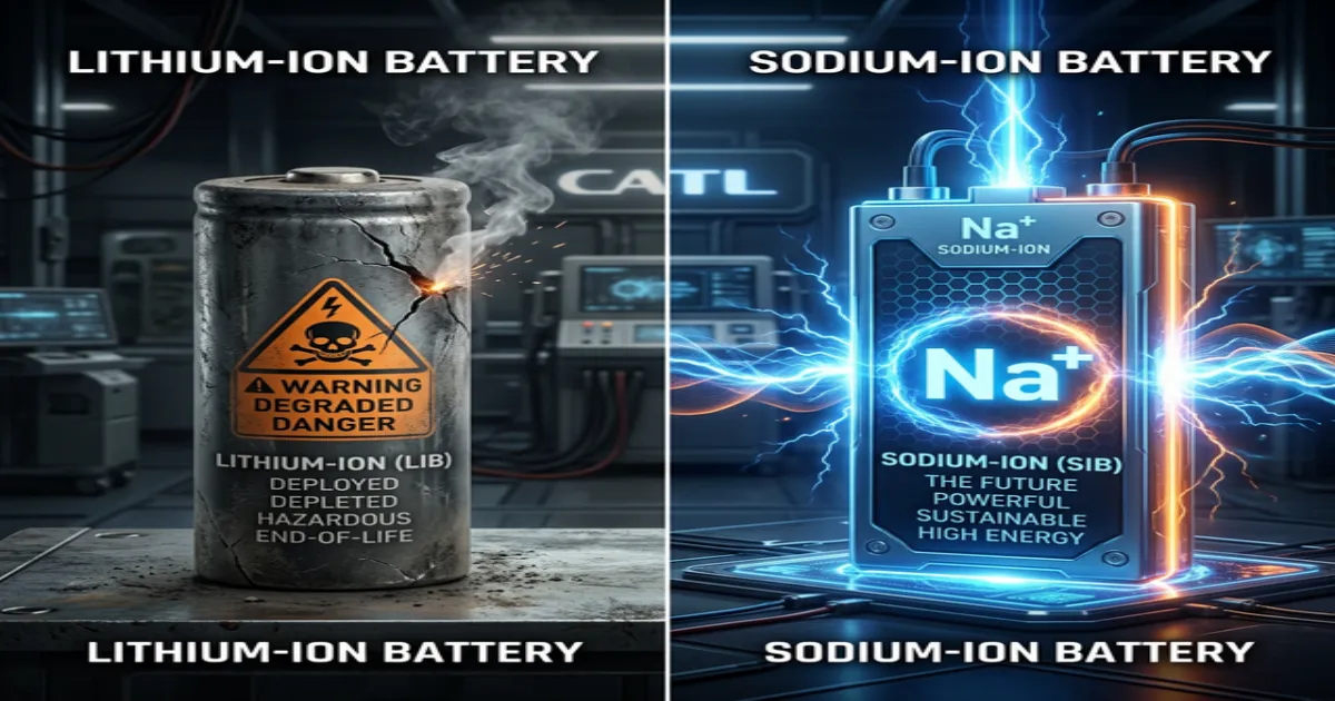 Visual comparison between depleted lithium-ion and futuristic CATL sodium-ion batteries