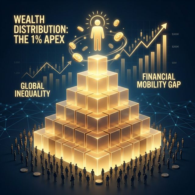 Gráfico tridimensional mostrando a pirâmide de riqueza global com bilionários no topo