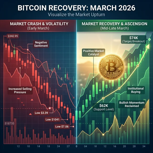 Visualization of Bitcoin recovery in March 2026 showing transition from red crash to green recovery