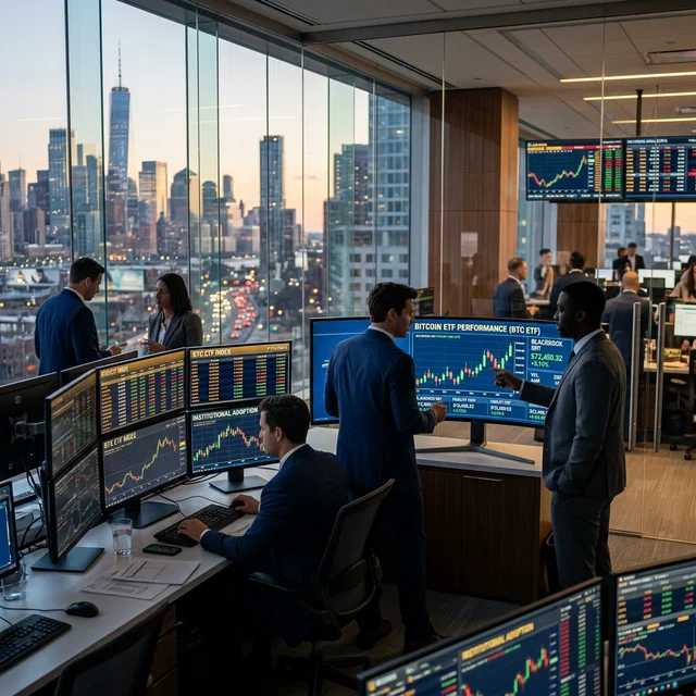 Institutional investors analyzing Bitcoin ETF data on Wall Street office screens