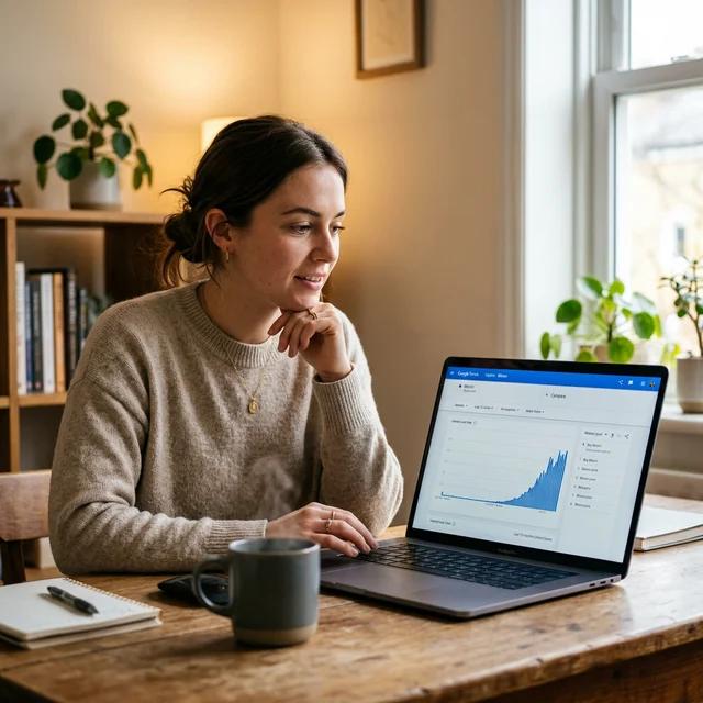 Person analyzing Google Trends data about Bitcoin on laptop in home office