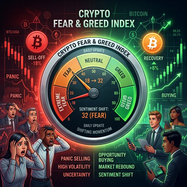 Crypto Fear and Greed Index visualization showing transition from Extreme Fear to Fear