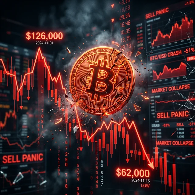 Dramatic visualization of Bitcoin crash from $126,000 to $62,000 with red candlestick charts
