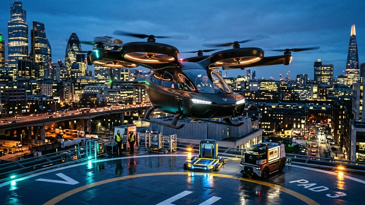Electric eVTOL flying car lifting off vertically from illuminated rooftop vertiport at twilight