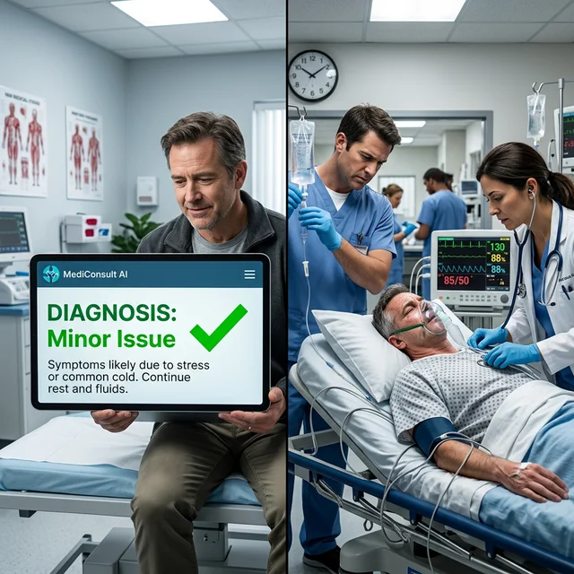 Imagem dividida: lado esquerdo mostra chatbot de IA diagnosticando 'problema menor' com check verde, lado direito mostra paciente em emergência sendo tratado por condição grave