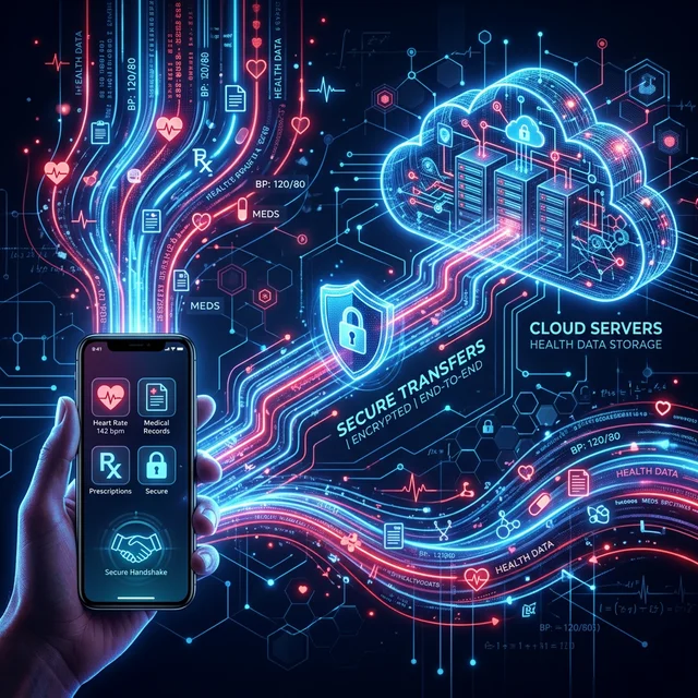 Visualização abstrata de dados médicos fluindo entre smartphone e servidores na nuvem com informações pessoais de saúde sendo transmitidas como fluxos de dados luminosos