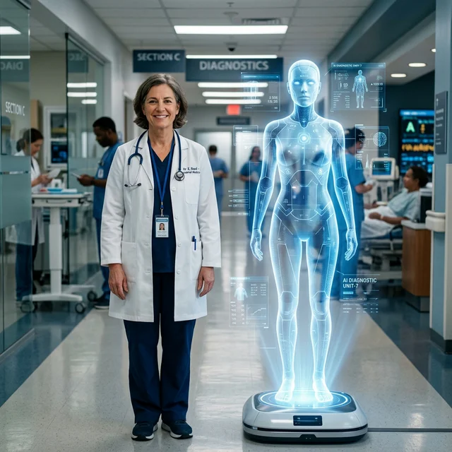 Médica real e holograma de IA robô lado a lado em corredor de hospital moderno mostrando o contraste entre cuidado humano e artificial