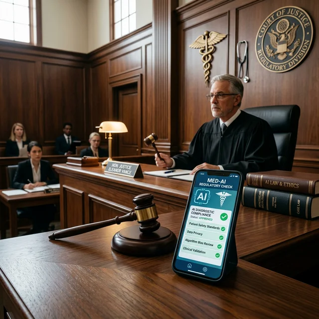 Martelo de juiz sobre mesa de tribunal com smartphone mostrando app médico de IA e símbolos médicos ao fundo