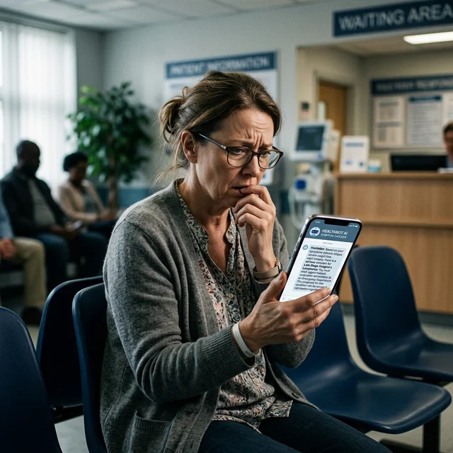Paciente preocupada olhando para tela do smartphone mostrando interface de chatbot de diagnóstico médico em sala de espera de hospital