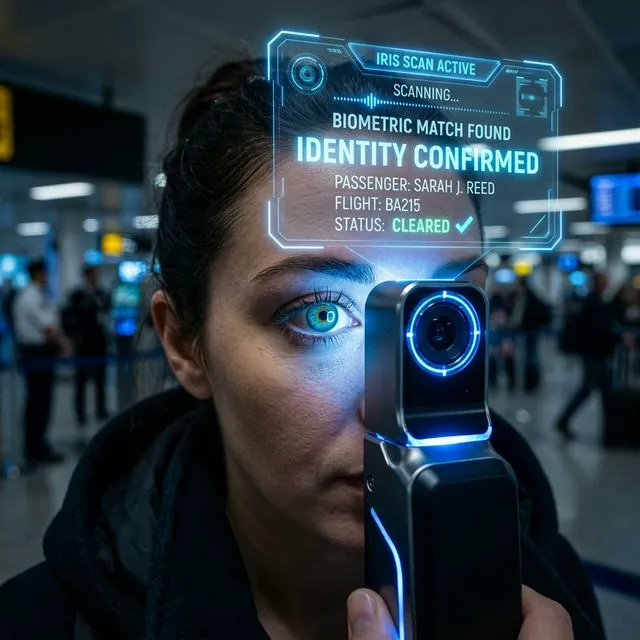 Close-up of iris scanning on a biometric recognition device at an airport