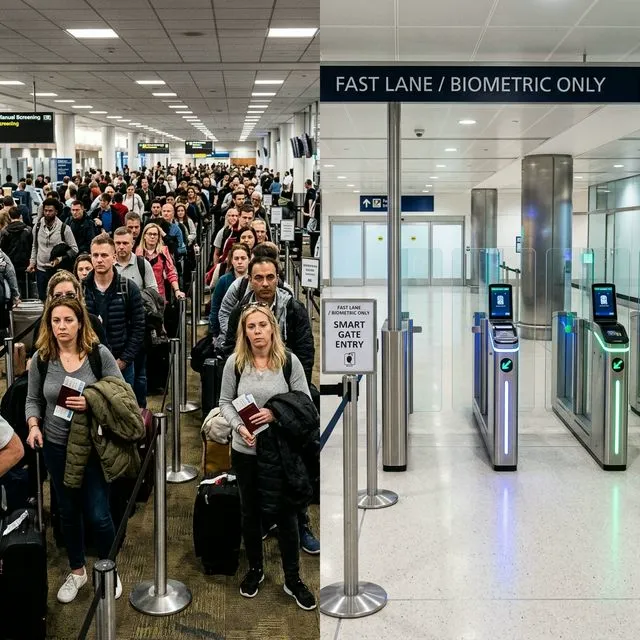 Long queue of frustrated passengers contrasted with empty biometric fast lane