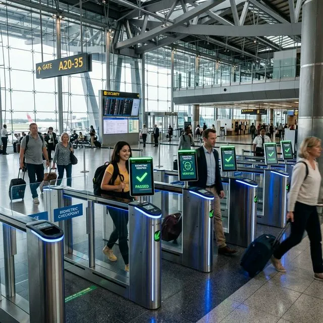 Passengers passing through biometric verification portals at a modern airport with green confirmation screens