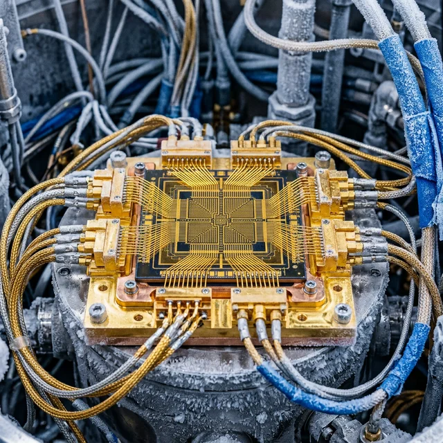 Quantum processor inside cryogenic cooling system with golden superconducting circuits