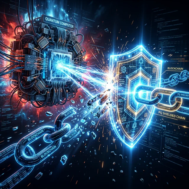 Blockchain attacked by quantum computer while post-quantum shield protects new blockchain