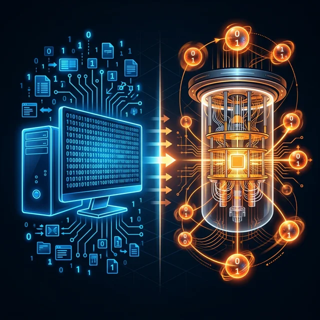 Comparação visual entre computador clássico com bits e computador quântico com qubits em superposição