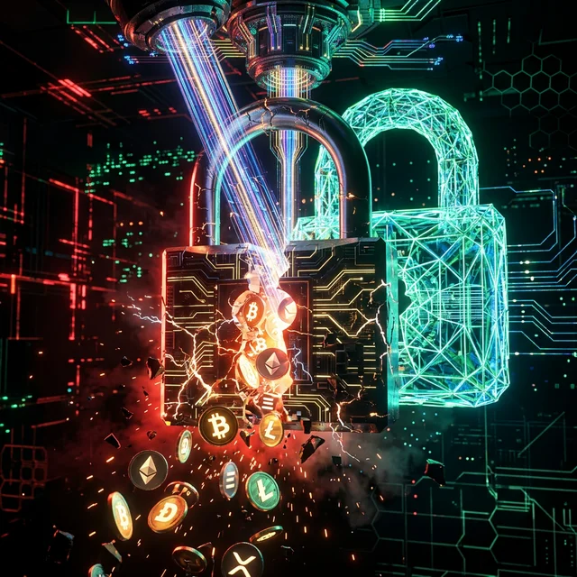 Digital padlock broken by quantum rays with crypto symbols falling out and new resistant lock forming