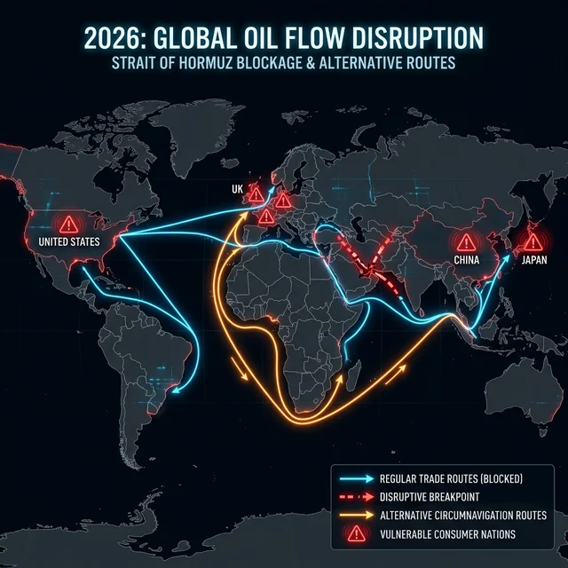 Global map showing oil flow disruption routes in 2026