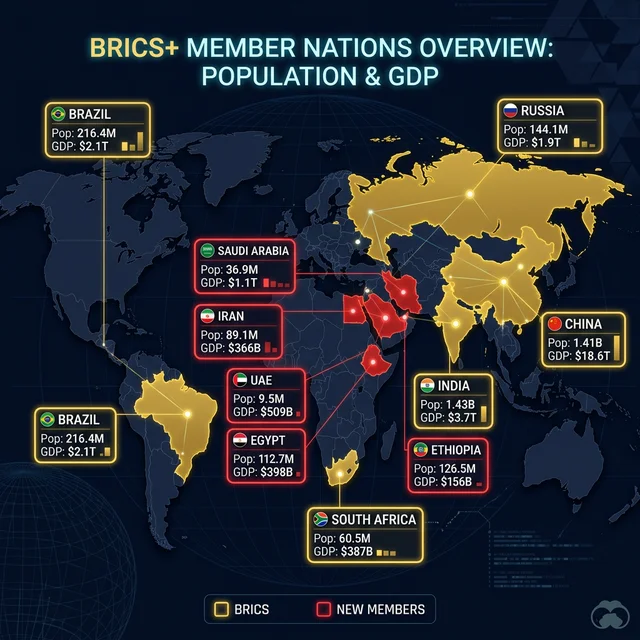 World map highlighting BRICS+ member countries and their combined economic weight in global GDP