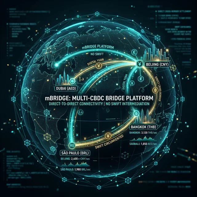 Technical diagram of the mBridge payment system showing how international transactions are processed without using SWIFT