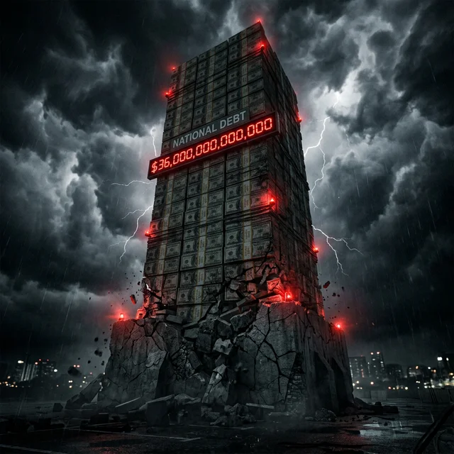 Graph showing the trajectory of US national debt from 2000 to 2026 with future projections showing a worrying scenario