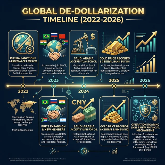 Visual timeline showing the major events that accelerated de-dollarization from 2022 to 2026 including Russia sanctions and BRICS expansion