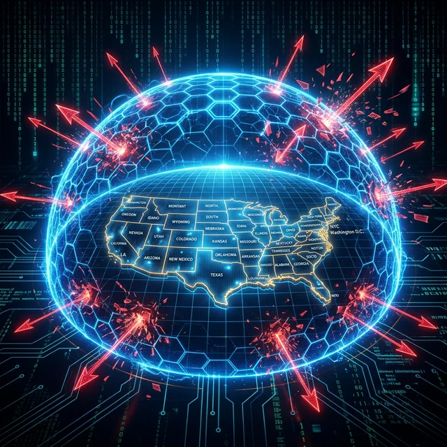Futuristic digital shield protecting US map from cyber threats visualized as red digital arrows