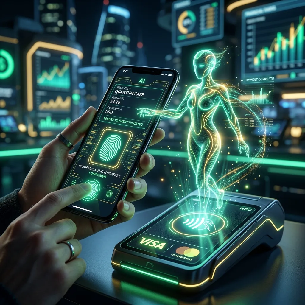 Conceito de agente de IA holográfico realizando pagamento autônomo com autenticação biométrica