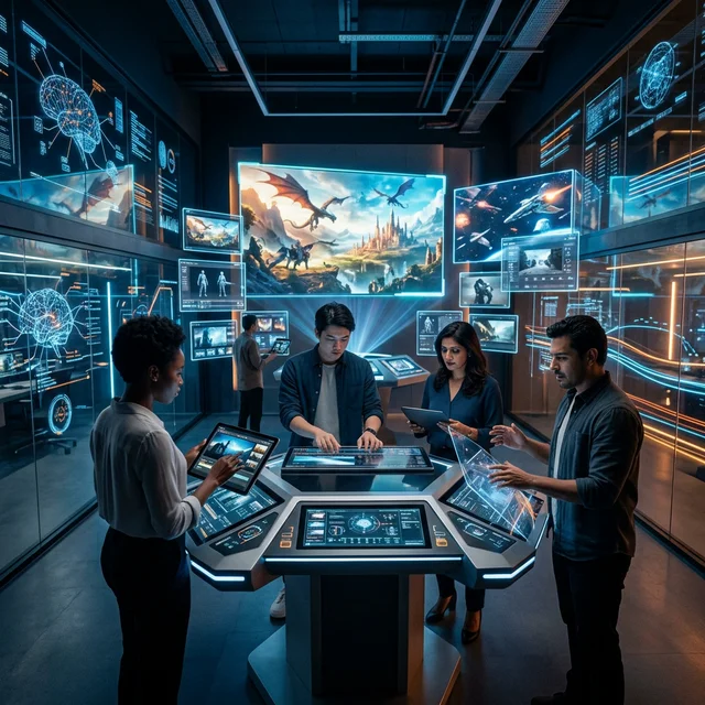 Modern film production studio where AI replaces traditional filming equipment